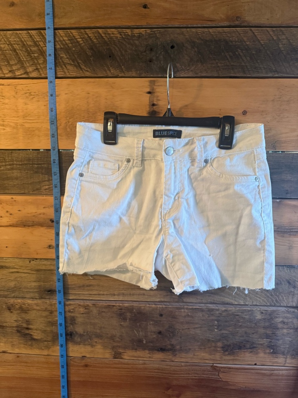 Blue Spice White Denim Shorts Size 5 Raw Hem Stretch High Rise